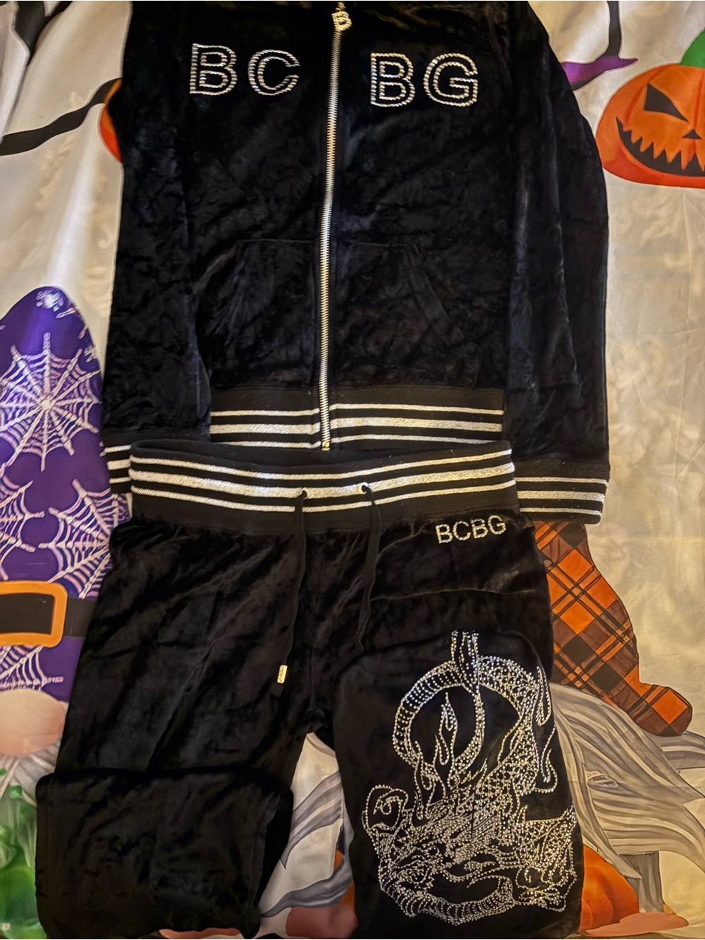BCBG Black Womens Velour Tracksuit Set